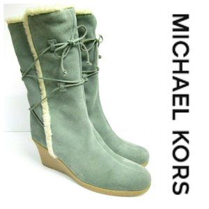 KORS Michael Kors Blue Wedge Boots Suede Sherpa 10